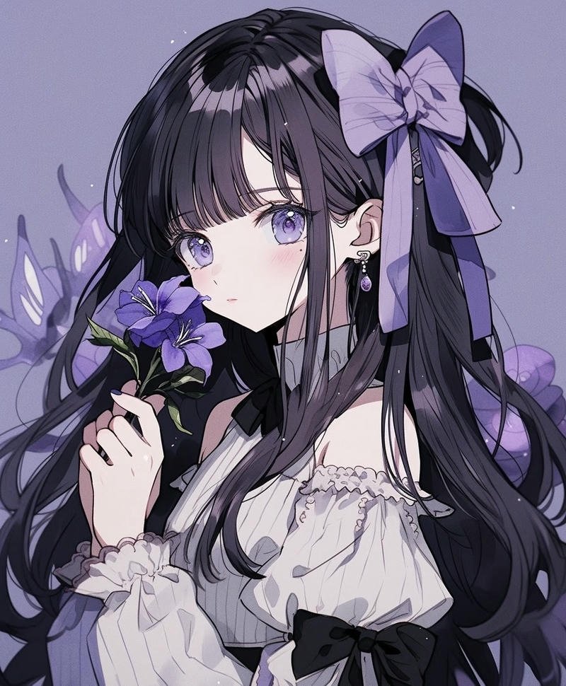 Ảnh anime nữ cô gái tóc đen dài với khuôn mặt xinh