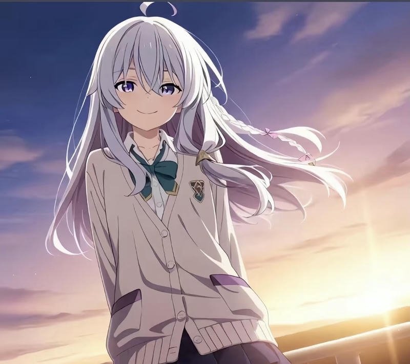 Ảnh anime nữ cô gái tóc trắng dài với ánh mắt sáng