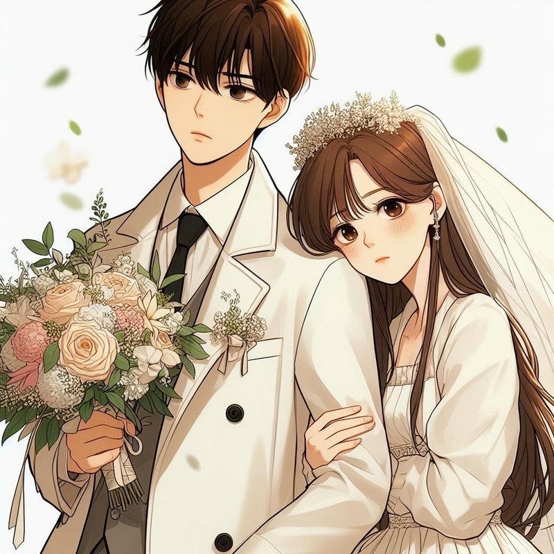 Ảnh cô dâu chú rể anime chú rể vest đen đứng nghiêm