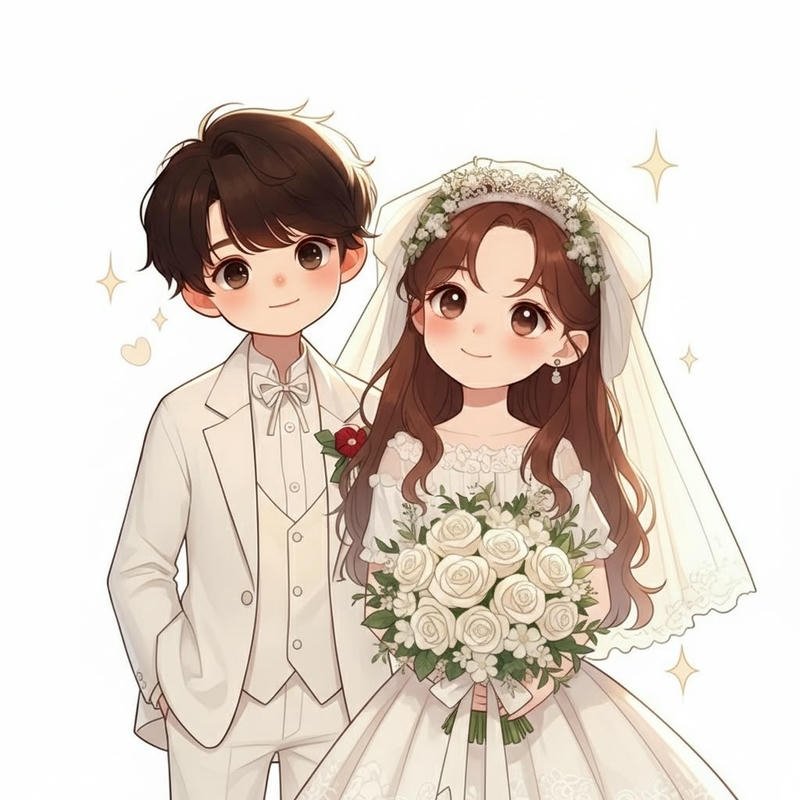 Ảnh cô dâu chú rể anime cô dâu cầm bó hoa cưới