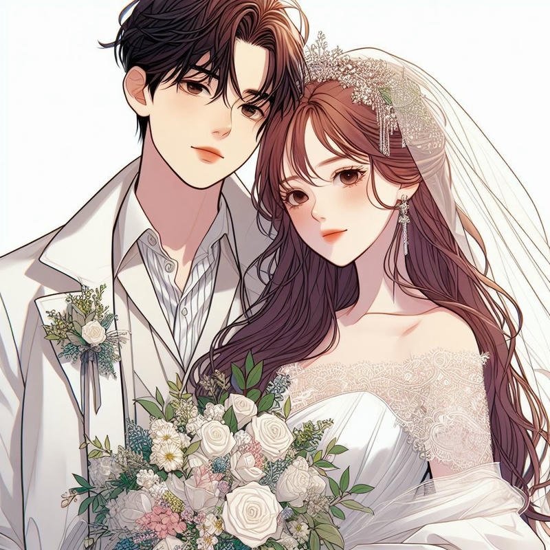 Ảnh cô dâu chú rể anime cô dâu cầm hoa đứng giữa