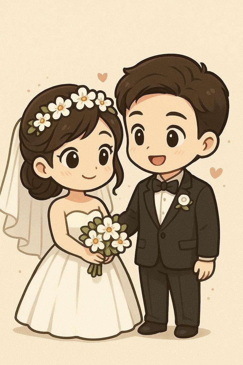 Ảnh cô dâu chú rể anime cô dâu mặc váy cưới trắng dài