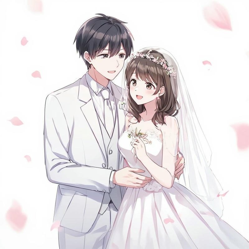 Ảnh cô dâu chú rể anime cô dâu váy trắng dài thướt tha