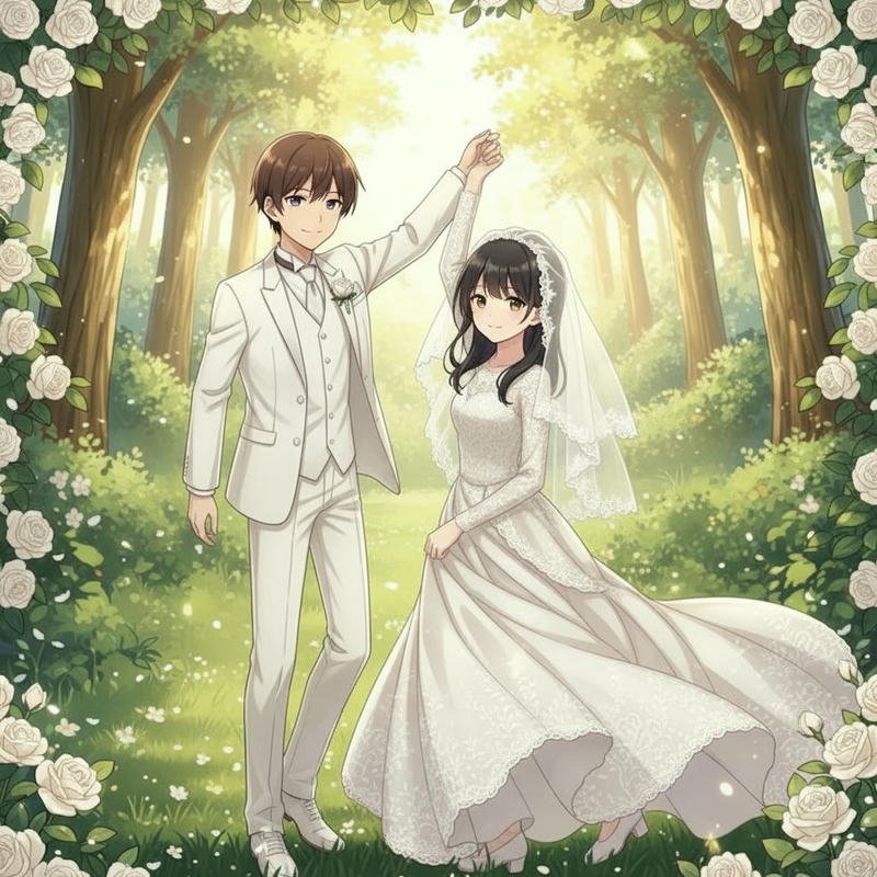 Ảnh cô dâu chú rể anime cùng đứng dưới đèn trang trí