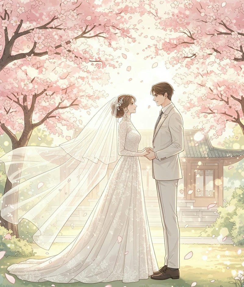 Ảnh cô dâu chú rể anime đứng cạnh nhau trong lễ đường