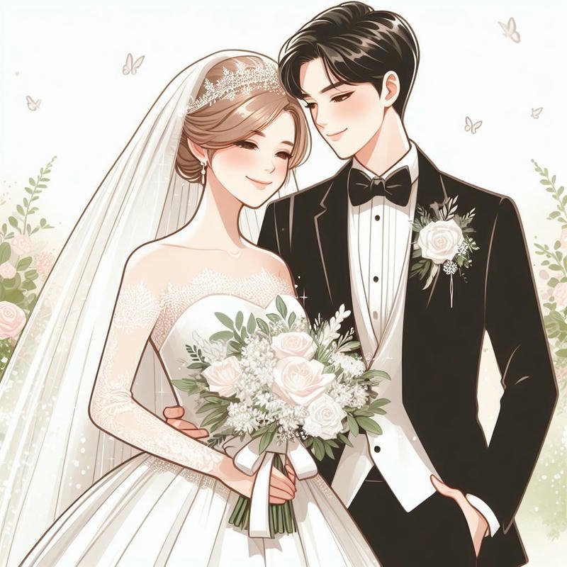 Ảnh cô dâu chú rể anime đứng cạnh nhau trong ngày cưới