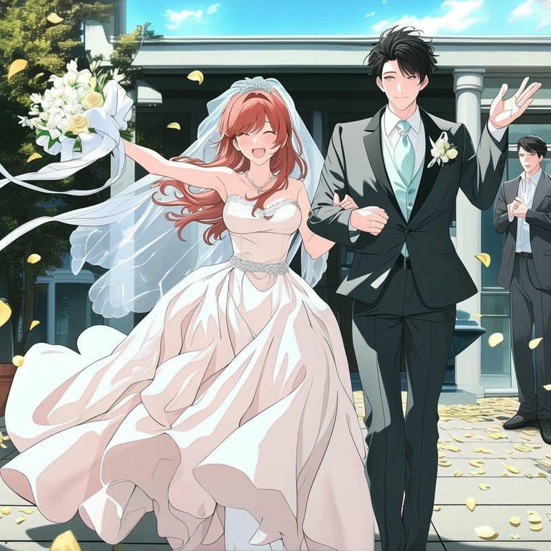 Ảnh cô dâu chú rể anime đứng trước lễ đường trang trí hoa