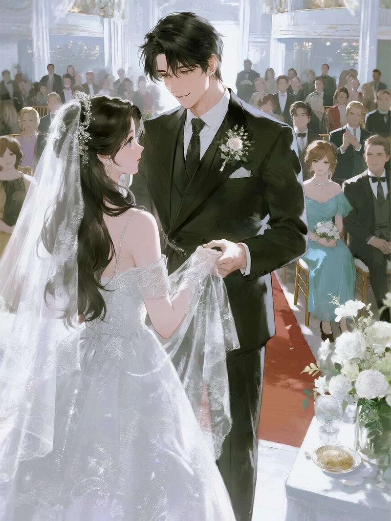 Ảnh cô dâu chú rể anime nắm tay nhau dưới cổng hoa cưới