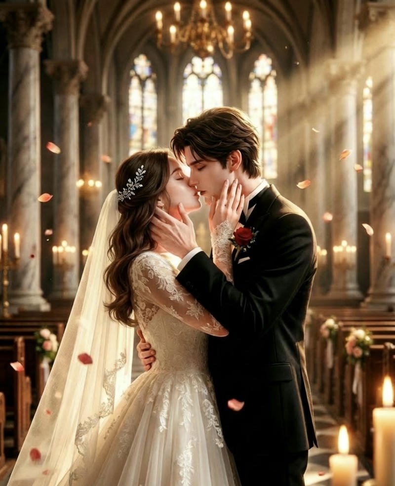 Ảnh cưới anime cặp đôi hoạt hình đứng trước phông cưới