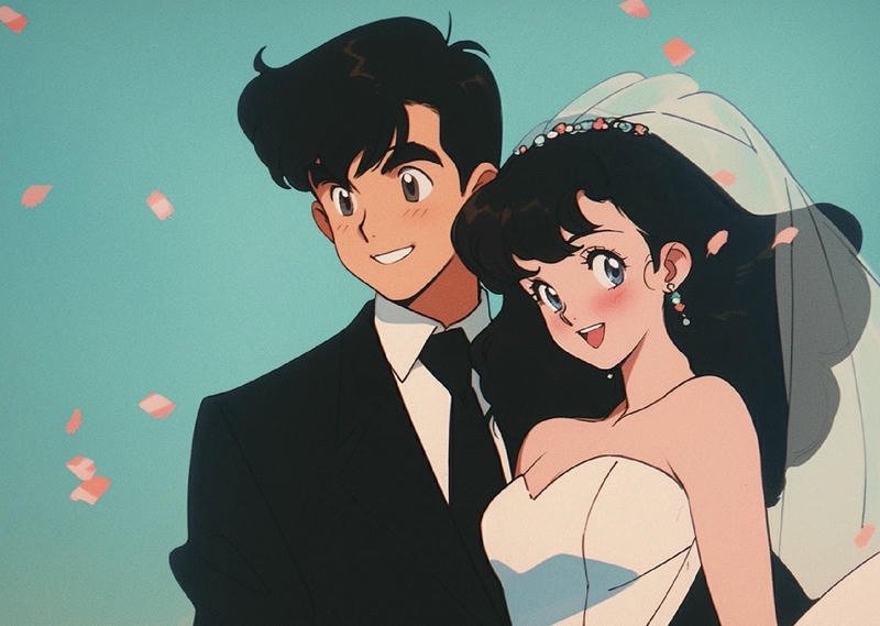 Ảnh cưới anime chú rể mặc vest đứng cạnh