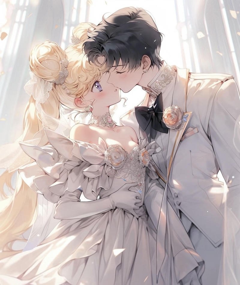 Ảnh cưới anime chú rể vest đen bên cô dâu