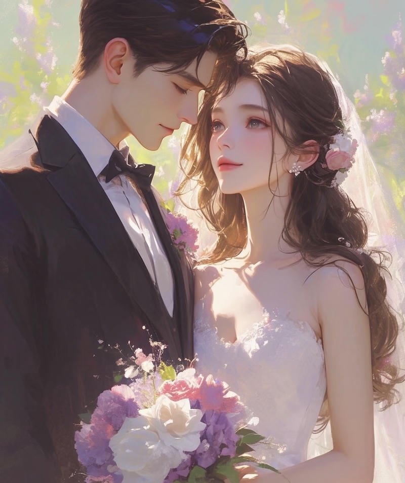 Ảnh cưới anime chú rể vest đen đứng cạnh cô dâu