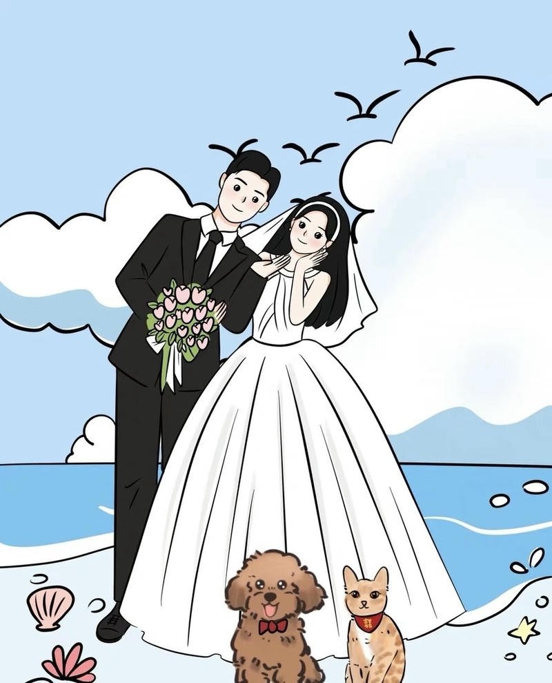 Ảnh cưới anime cô dâu cầm bó hoa đứng cạnh chú rể