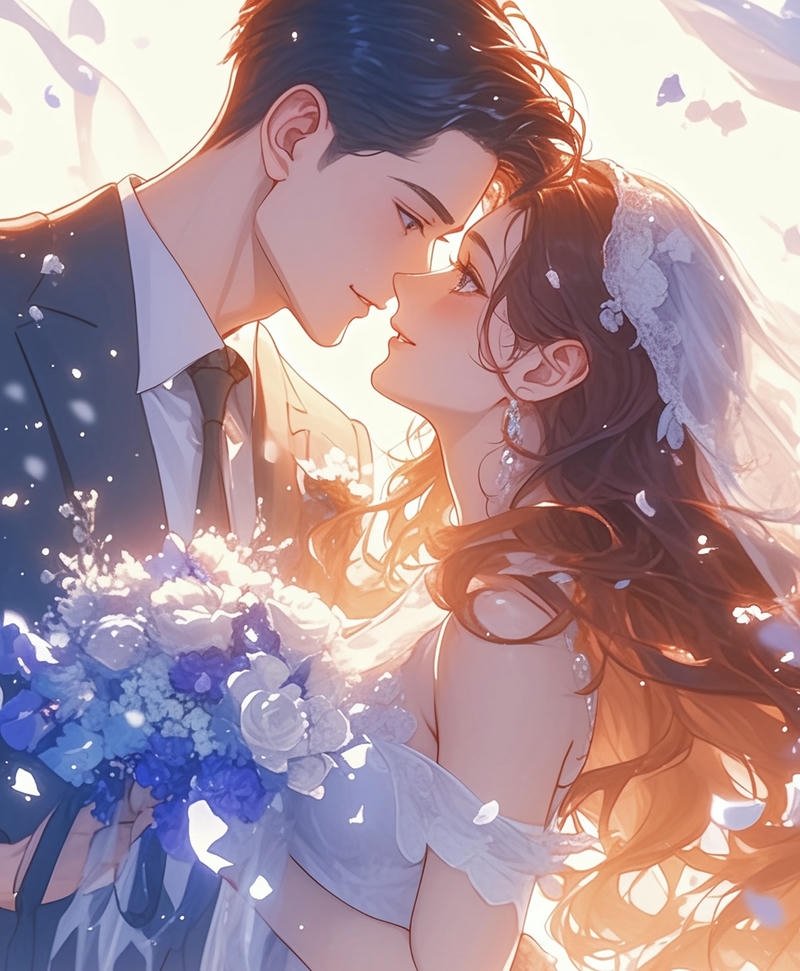 Ảnh cưới anime cô dâu chú rể mặc lễ phục đứng cạnh nhau