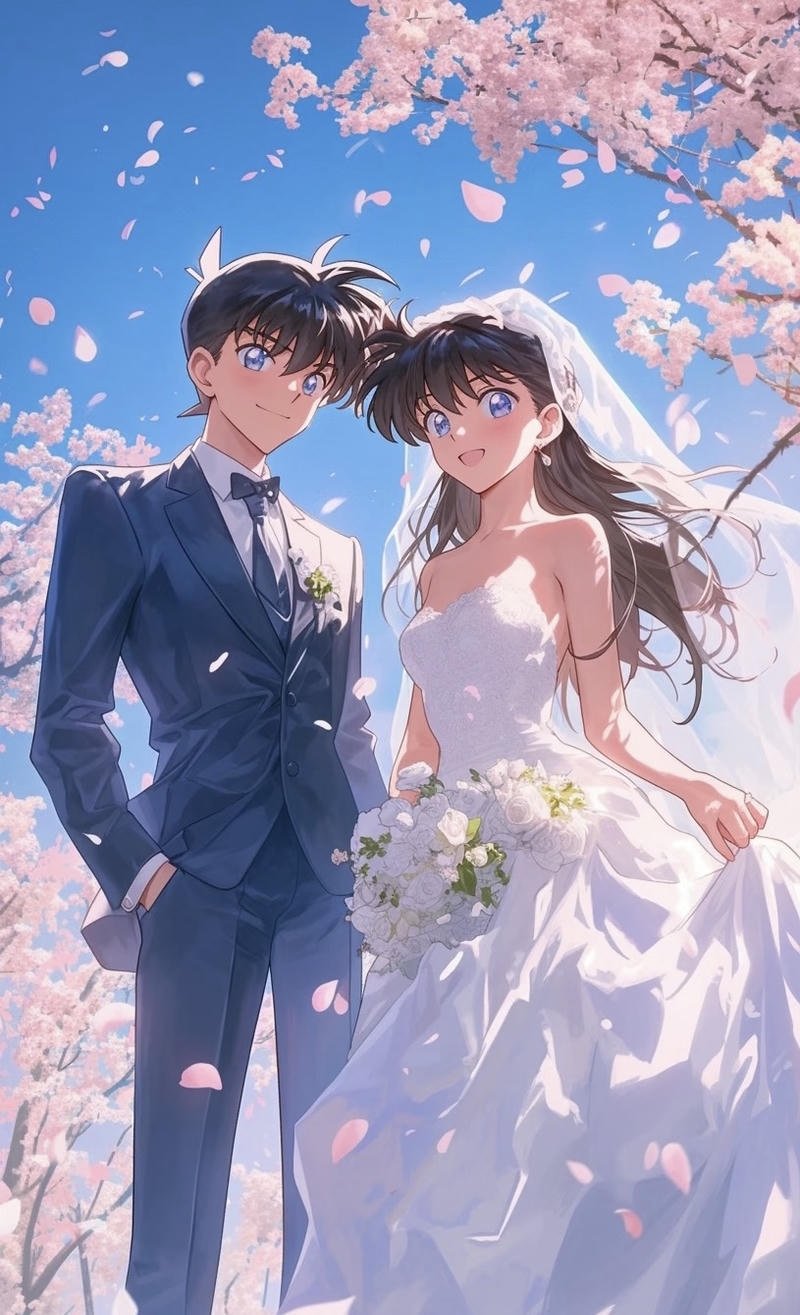 Ảnh cưới anime cô dâu đội khăn voan đứng cạnh chú rể