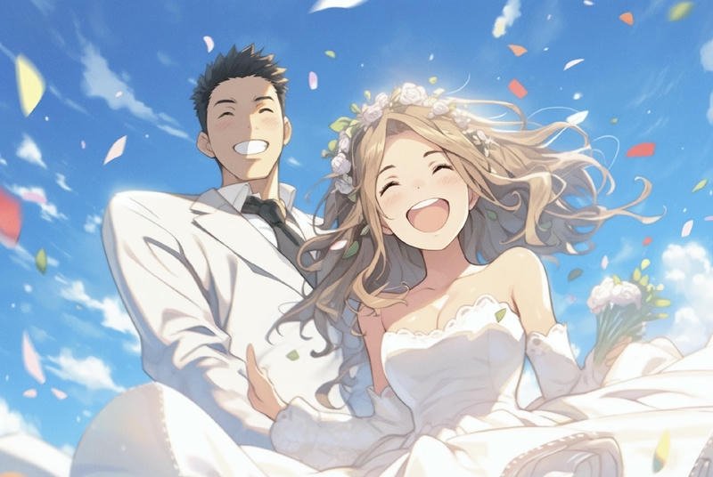 Ảnh cưới anime cô dâu mặc váy trắng dài