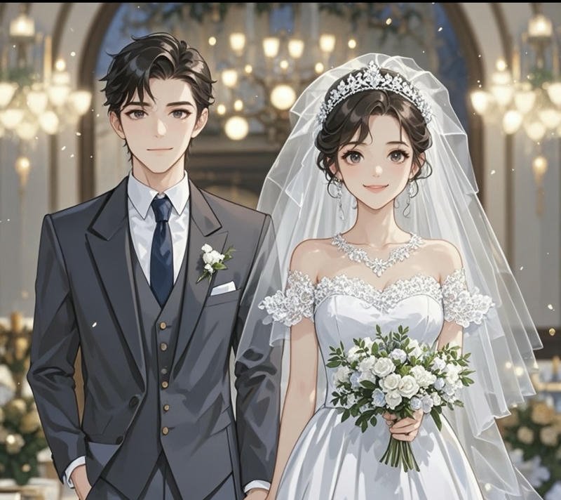 Ảnh cưới anime cô dâu váy dài trắng đứng bên chú rể