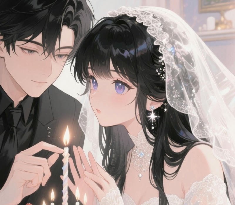 Ảnh cưới anime cô dâu váy trắng cầm hoa chú rể vest