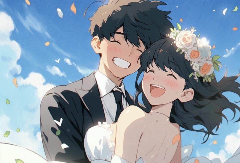 Ảnh cưới anime đôi nam nữ mặc trang phục ngày cưới