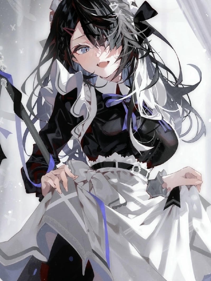 Anime nữ mặc váy hầu gái với biểu cảm đáng yêu