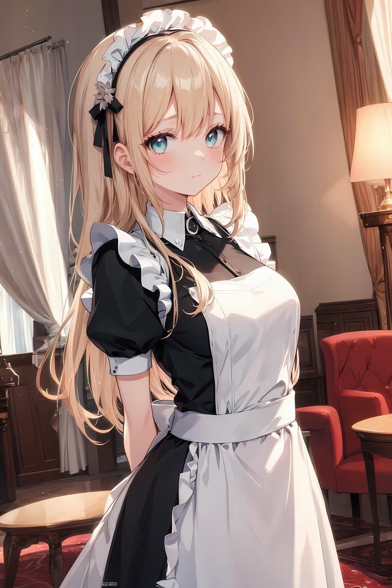 Bức tranh anime cô gái hầu gái đứng giữa căn phòng cổ