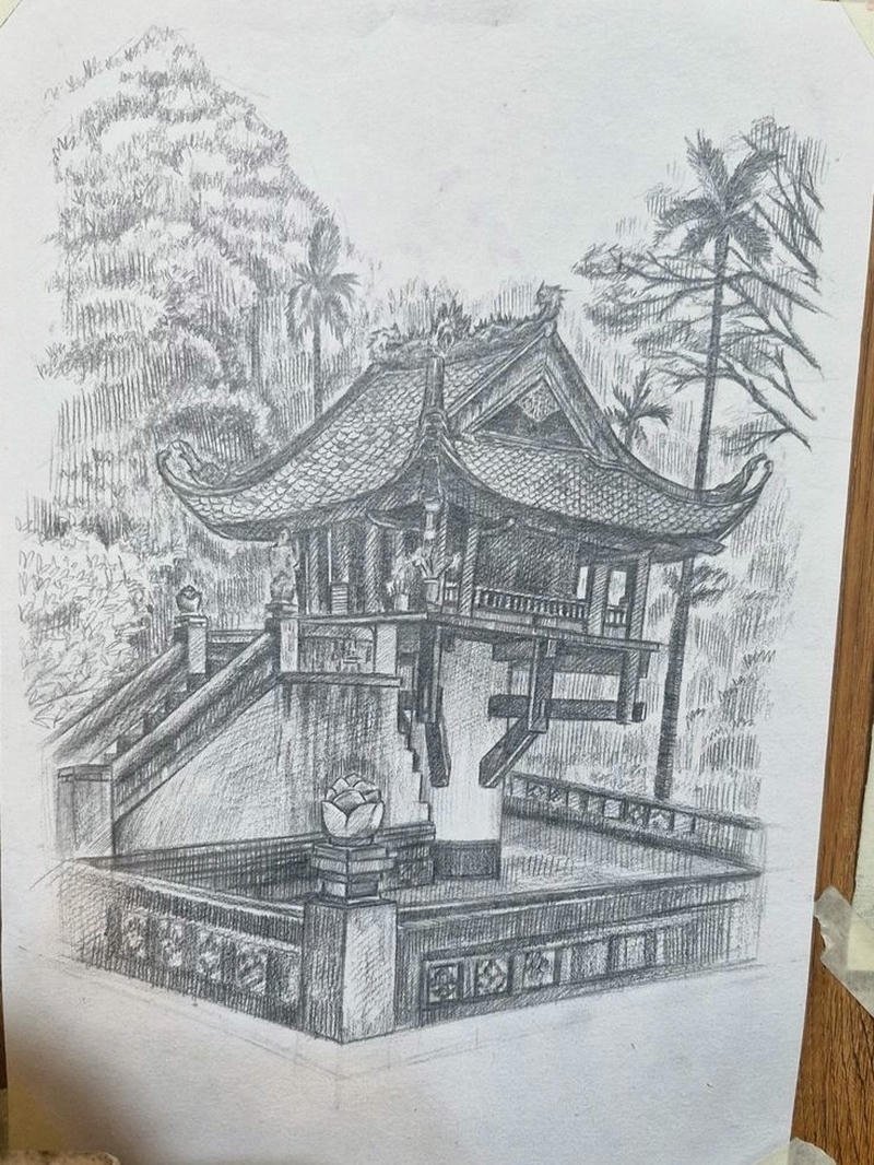 Bức tranh chùa một cột thể hiện vẻ đẹp truyền thống