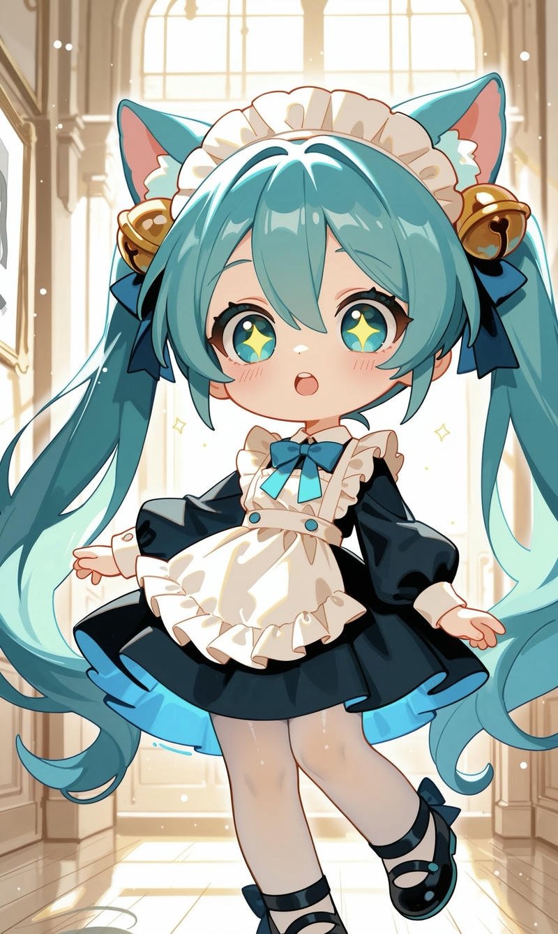 Cô gái anime mặc váy hầu gái tạo dáng đáng yêu