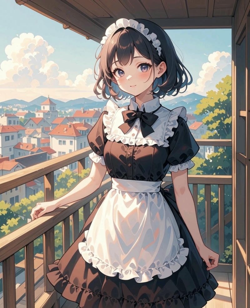 Cô gái anime mặc váy hầu gái tạo dáng nhẹ nhàng dễ thương