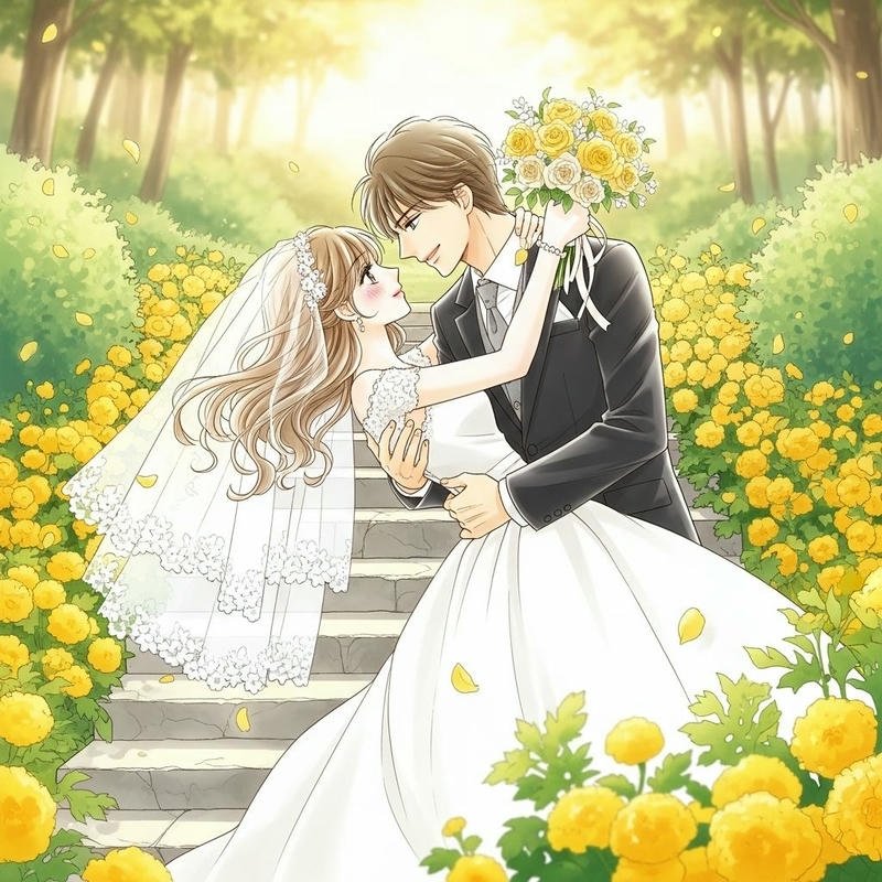 Hình ảnh cô dâu chú rể anime hai người đứng trên lễ đài