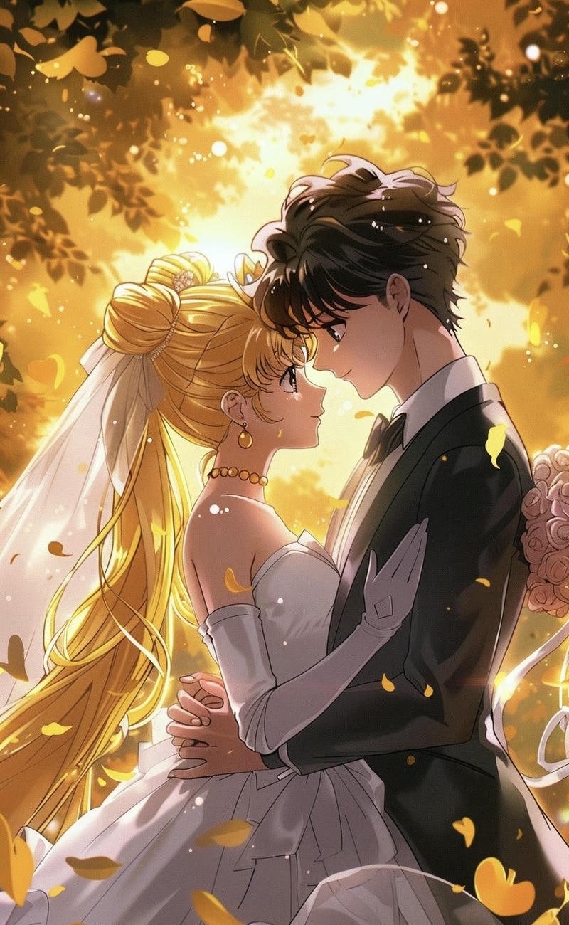 Hình ảnh cưới anime chú rể đứng cạnh cô dâu