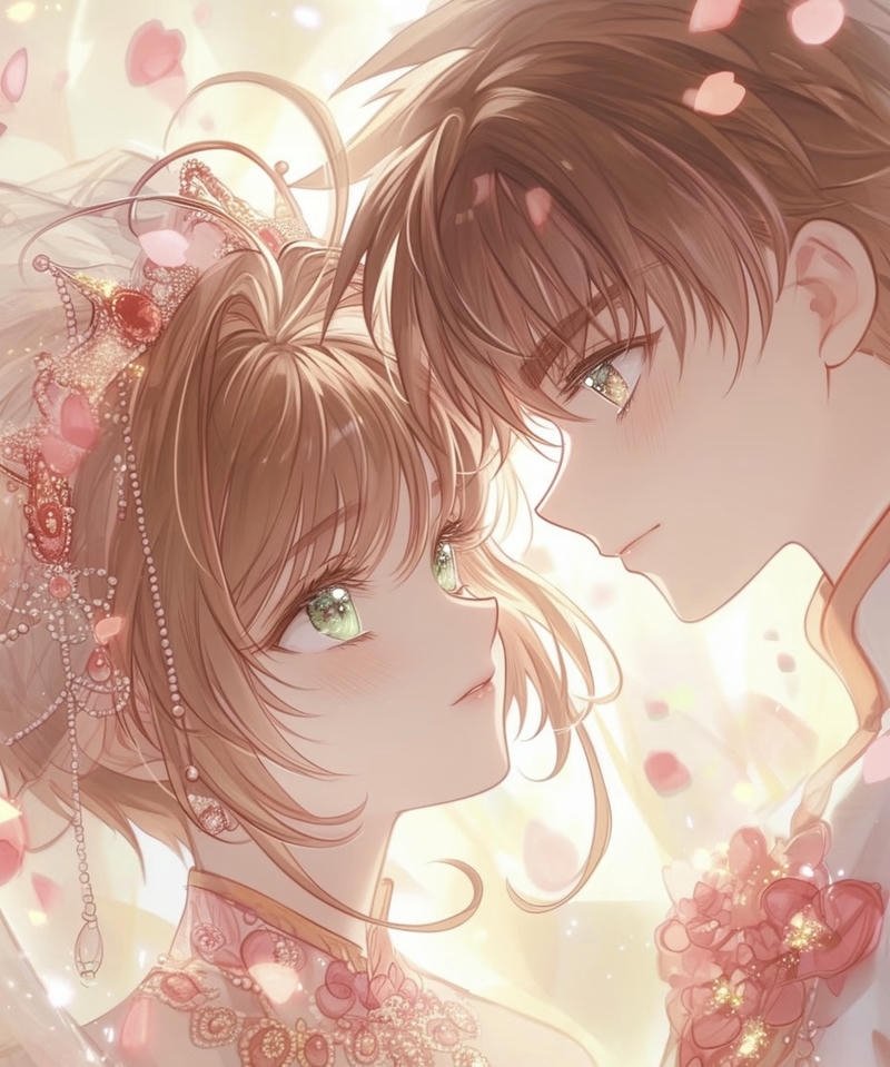 Hình ảnh cưới anime chú rể vest đứng bên cô dâu