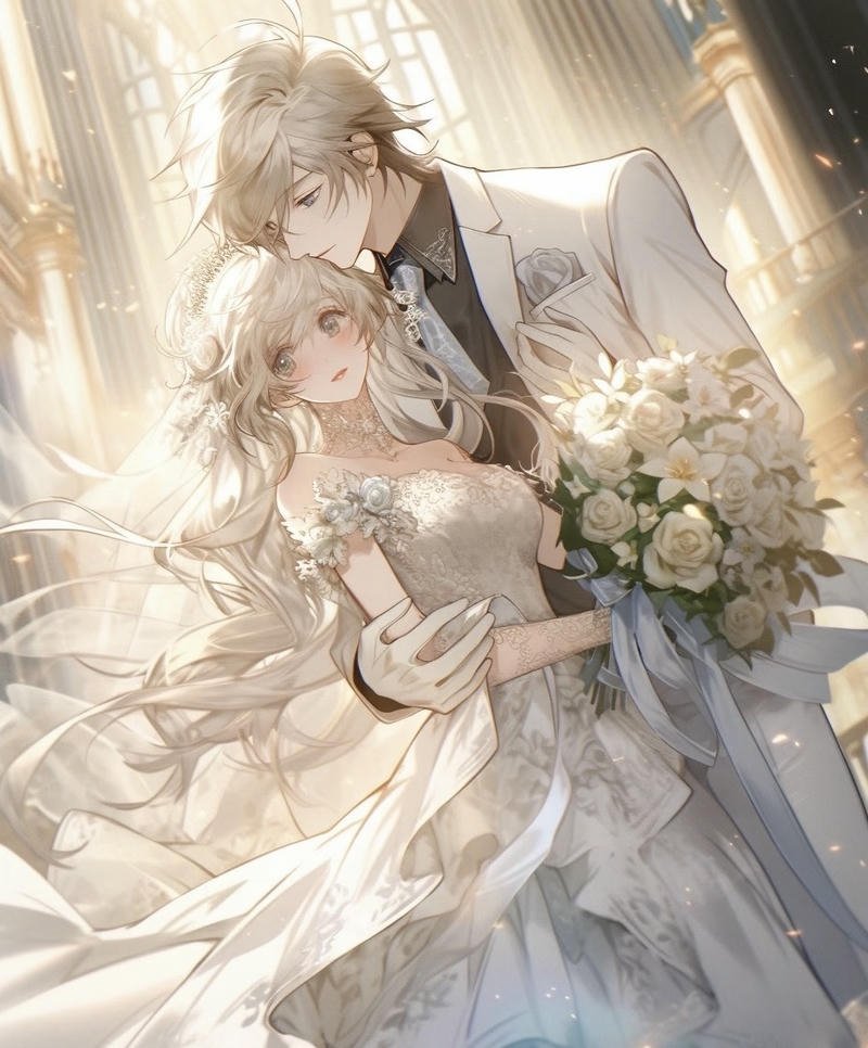 Hình ảnh cưới anime cô dâu váy trắng bên chú rể