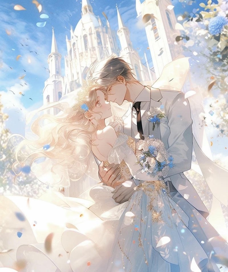 Hình ảnh cưới anime đôi nhân vật hoạt hình đứng cạnh