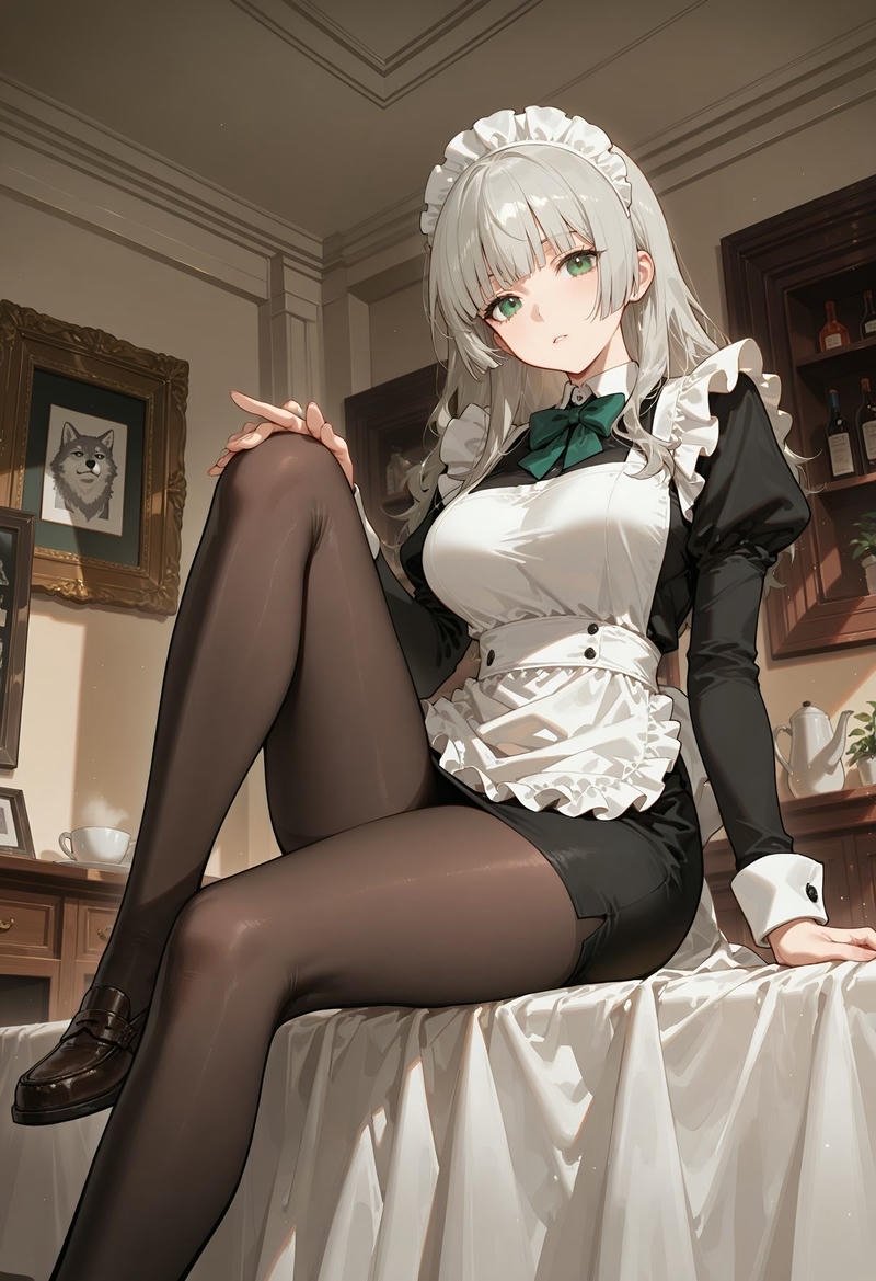 Hình anime hầu gái đứng cạnh bàn trà trong quán cà phê