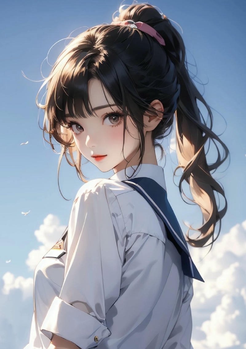 Hình anime nữ cô gái tóc đen dài với gương mặt xinh