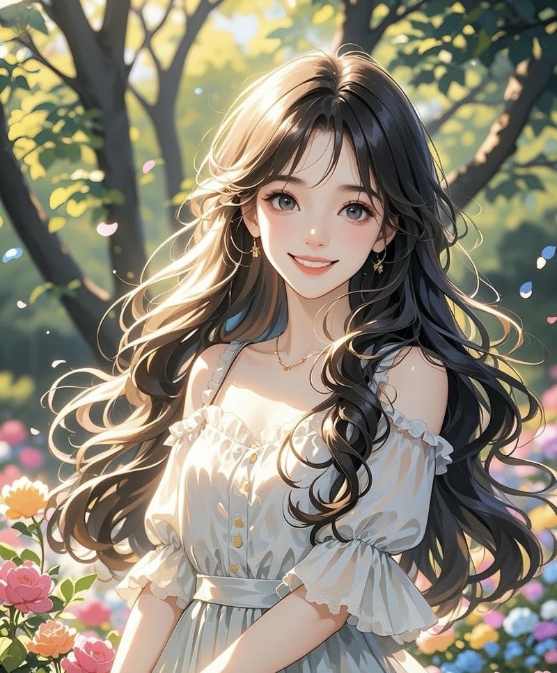 Hình anime nữ cô gái tóc nâu dài với đôi mắt to