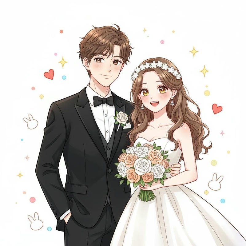 Hình cô dâu chú rể anime cô dâu cầm bó hoa trắng