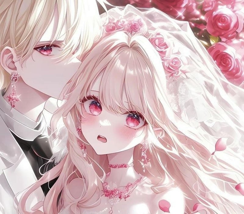 Hình cô dâu chú rể anime cô dâu cầm hoa đứng cạnh chú rể