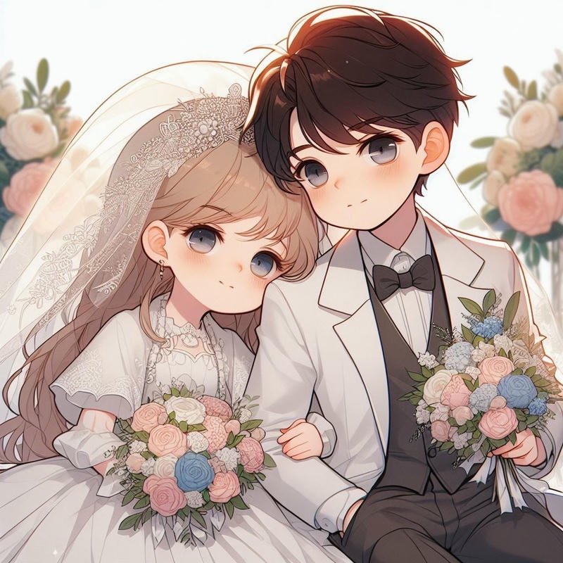 Hình cô dâu chú rể anime cô dâu cầm hoa ngồi cạnh chú rể hạnh phúc