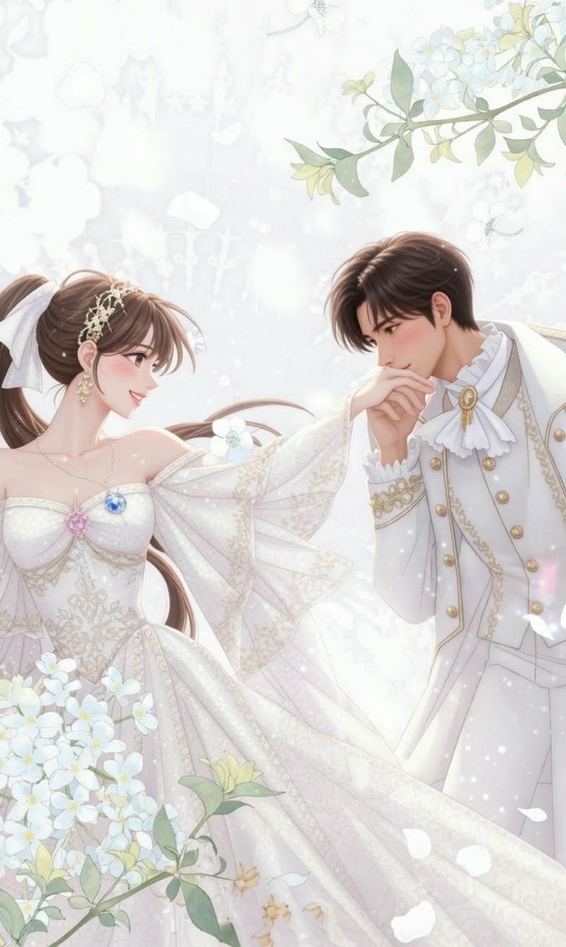 Hình cô dâu chú rể anime cô dâu mặc váy cưới trắng