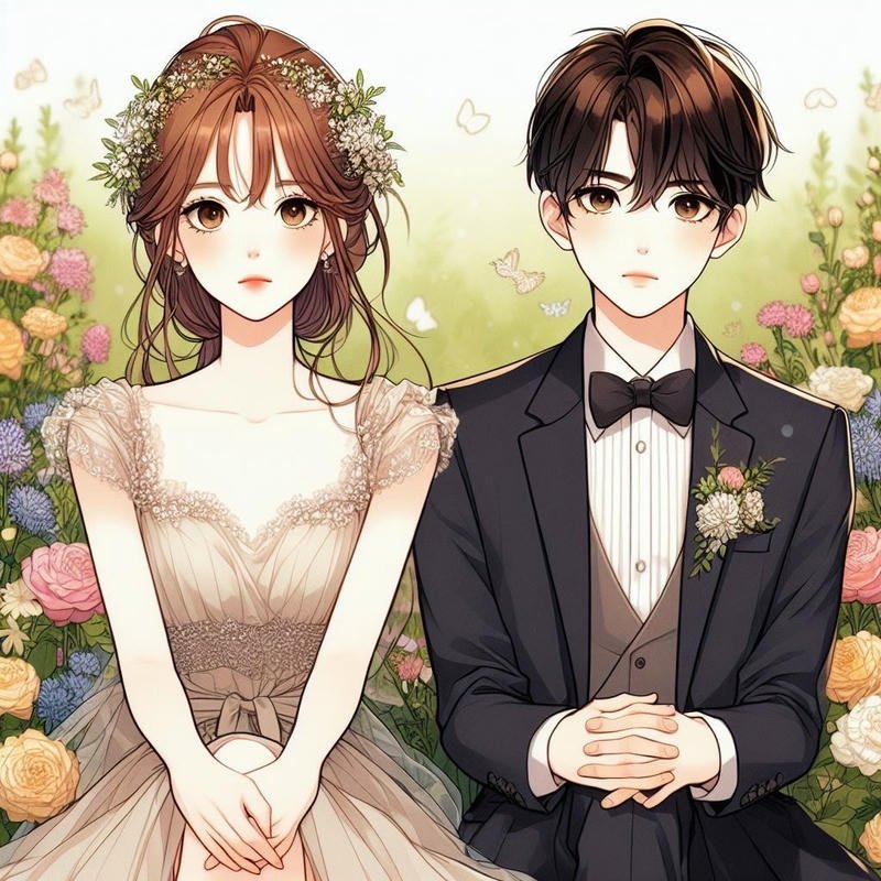 Hình cô dâu chú rể anime cô dâu váy trắng chú rể vest đen