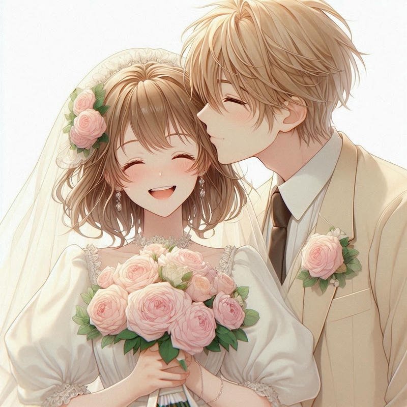 Hình cô dâu chú rể anime đứng cạnh nhau trong lễ cưới