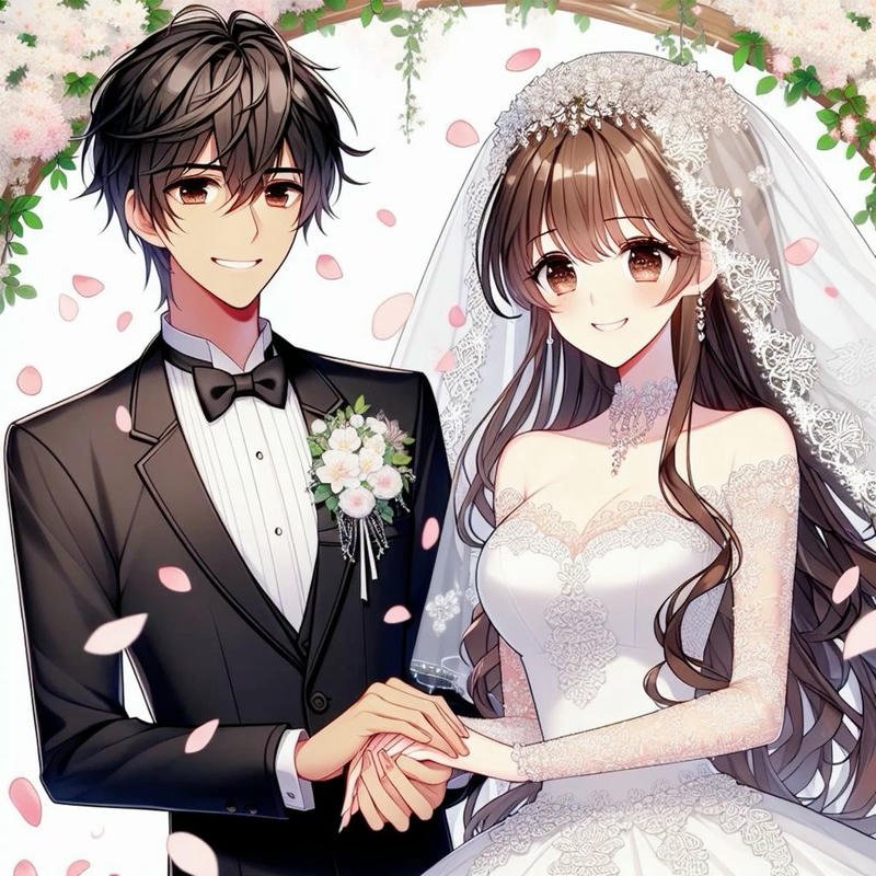 Hình cô dâu chú rể anime đứng dưới cổng hoa cưới