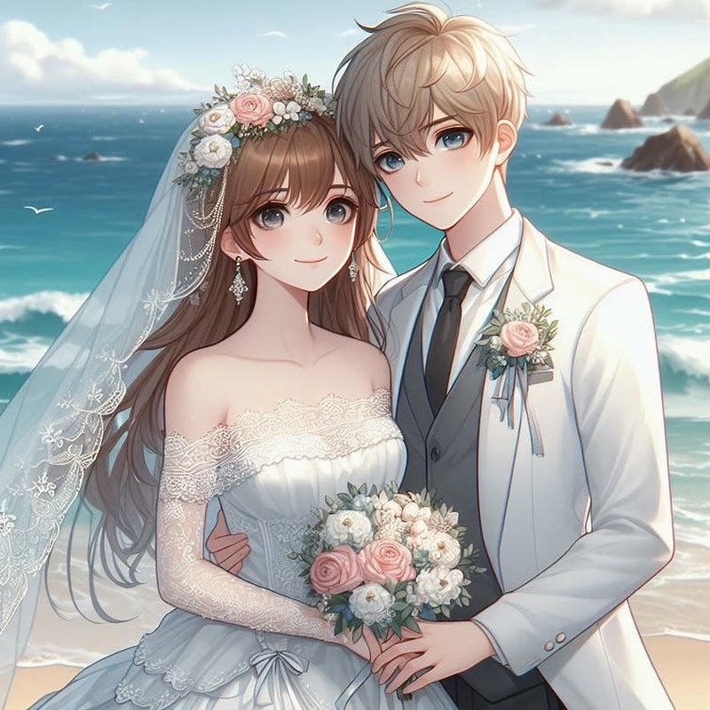 Hình cô dâu chú rể anime nắm tay nhau trước lễ đường