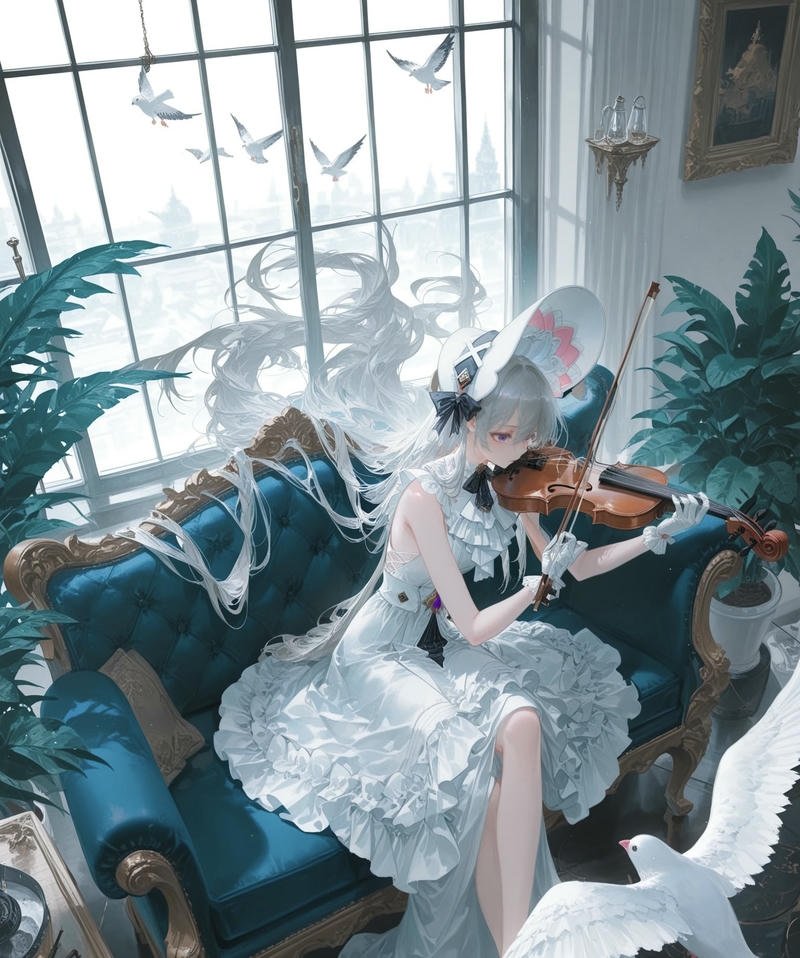 Hình cô gái anime tóc tím dài với đôi mắt to anime nữ