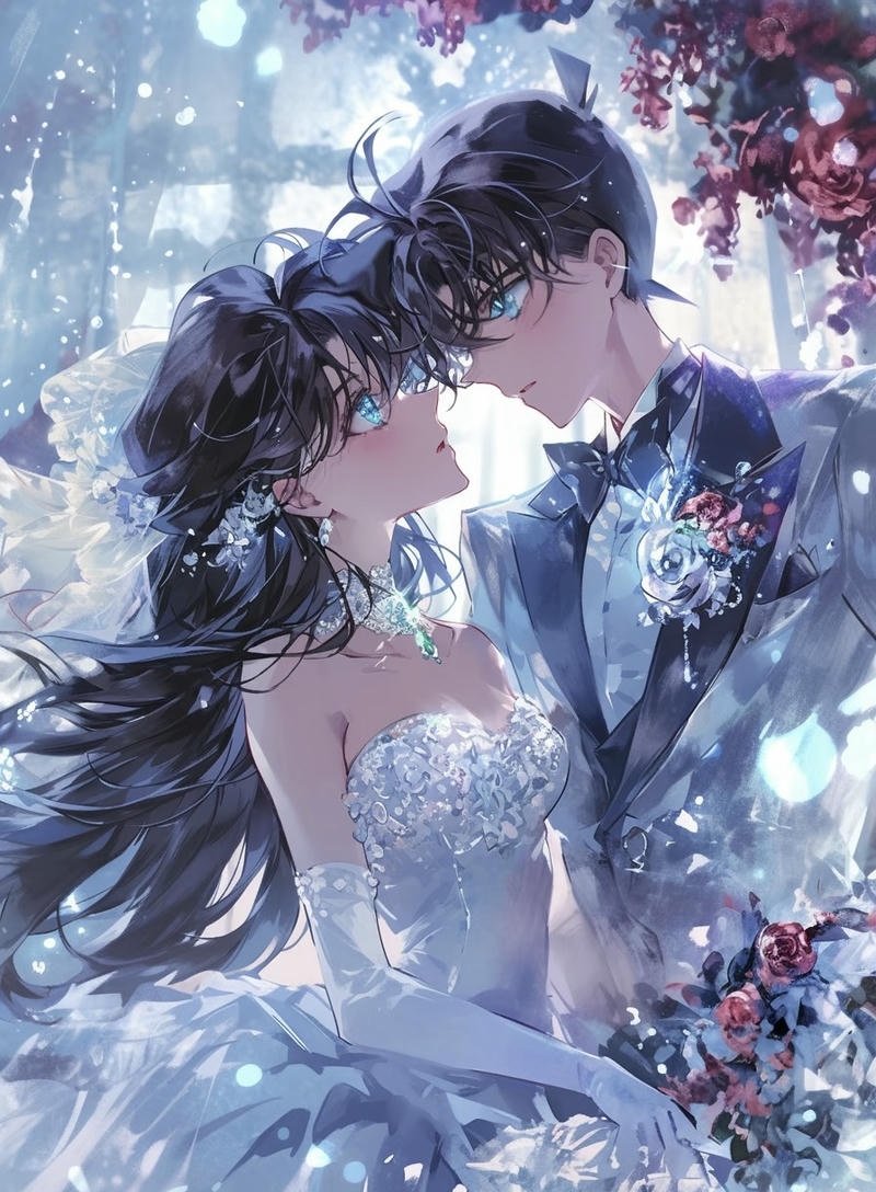 Hình cưới anime cặp đôi hoạt hình đứng trước lễ đường