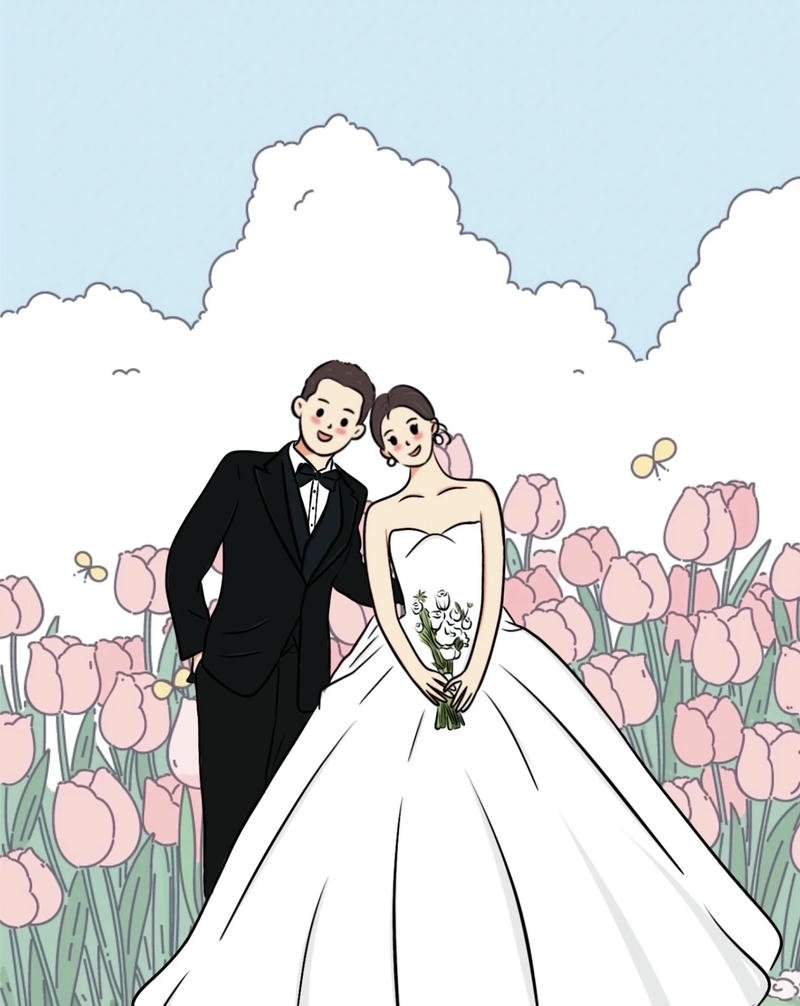 Hình cưới anime cô dâu cầm hoa cưới đứng bên