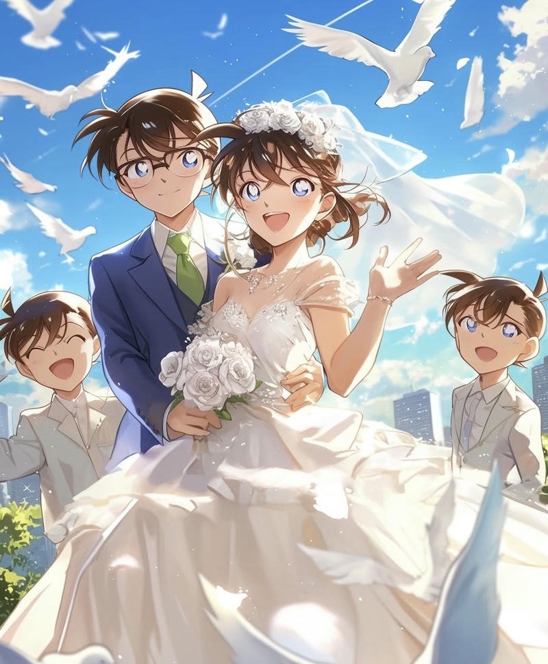 Hình cưới anime cô dâu đội khăn voan trắng dài