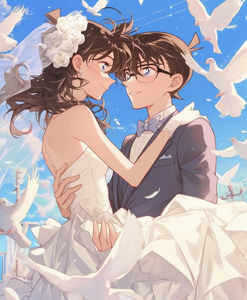 Hình cưới anime cô dâu váy dài trắng bước cạnh chú rể