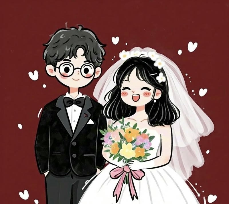 Hình cưới anime cô dâu váy trắng chú rể vest đen